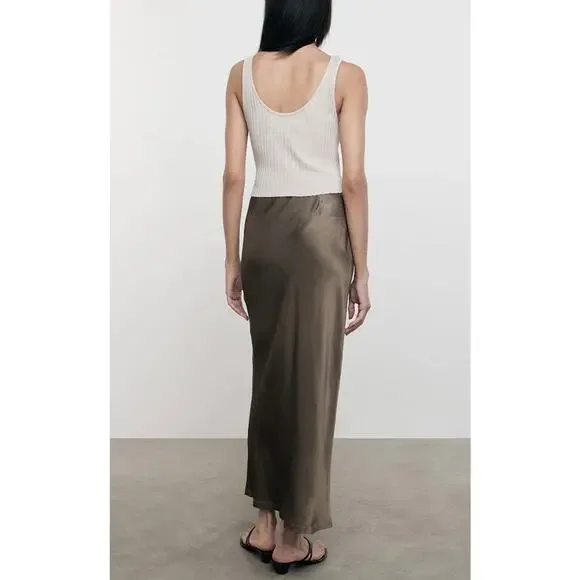 ENZA COSTA Satin Bias Cut Skirt Womens Small 1 Shiitake Brown Midi Pull on Slip - Picture 4 of 16